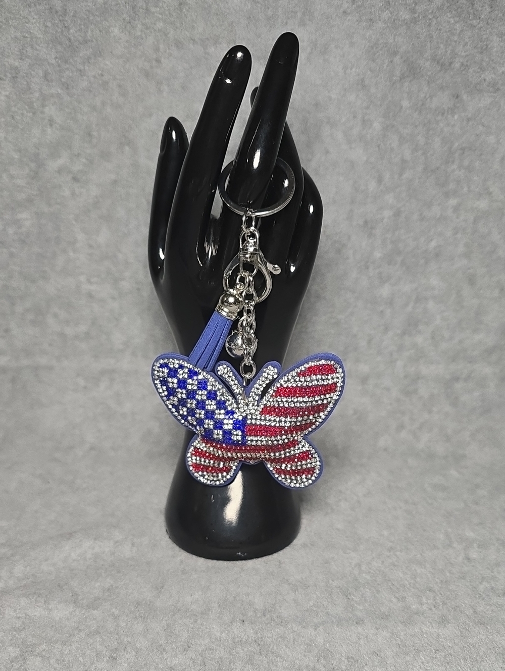 Patriotic Butterfly Keychain/Bag Charm Rhinestone American Flag Design